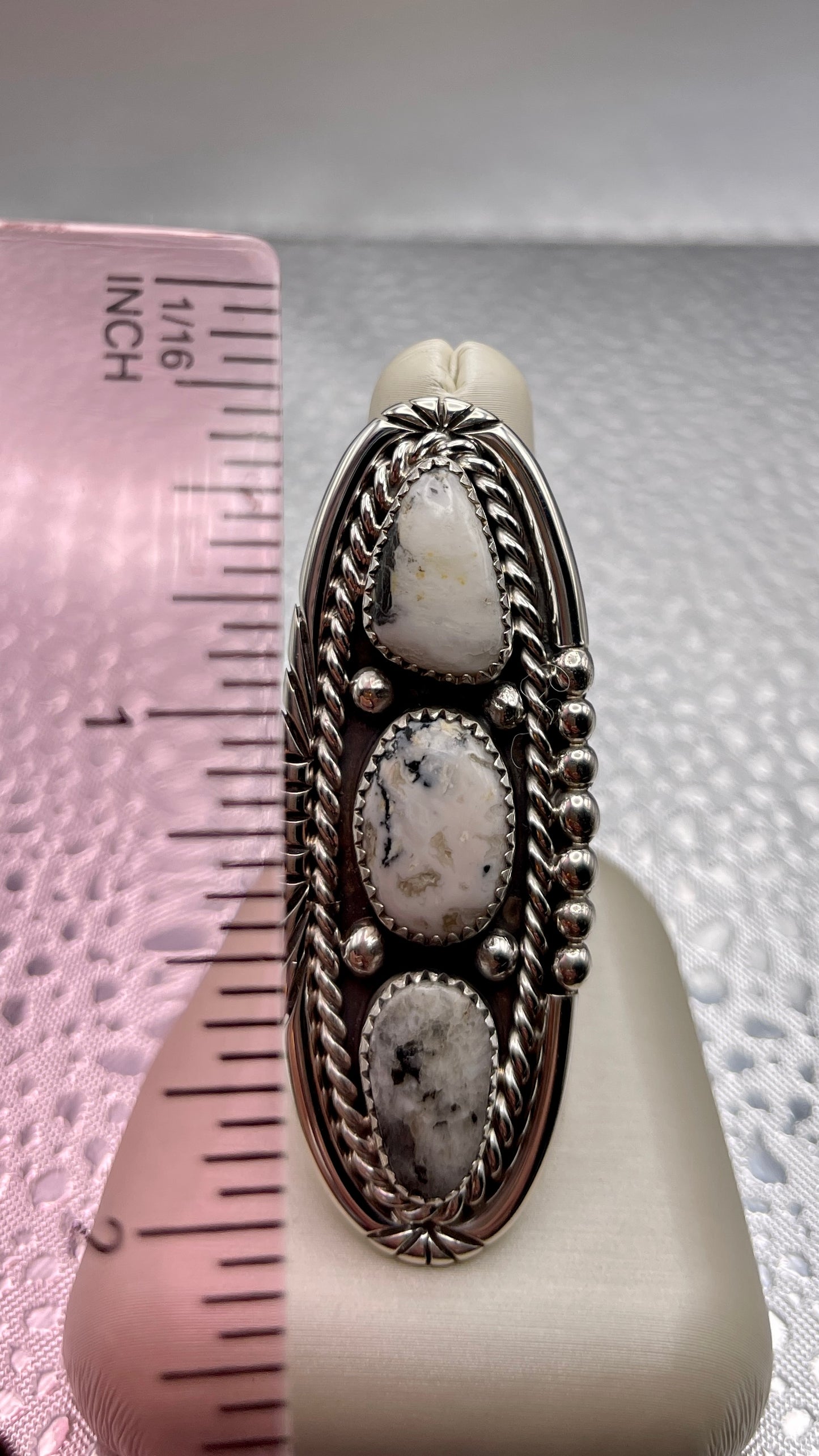 Desert Treasure: White Buffalo, black and white stone set in Sterling Silver Ring