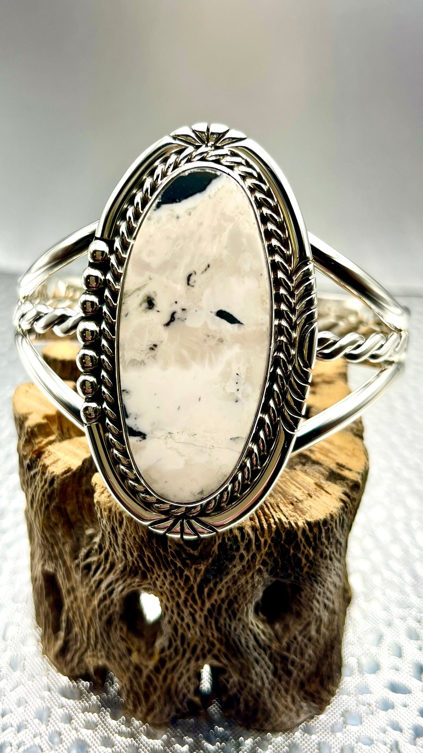 Desert Treasure: White Buffalo Cuff Bracelet, black and white stone set in Sterling Silver