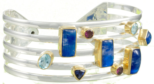Sterling Silver and 22K Gold Vermeil Bracelet with Blue Rainbow Moonstone, Iolite, Rhodolite Garnet, Baby Blue Topaz, Sky Blue Topaz and Blue Agate