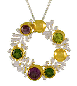 Sterling Silver and 22K Gold Vermeil Pendant with Rhodolite Garnet, Peridot and Envy Topaz